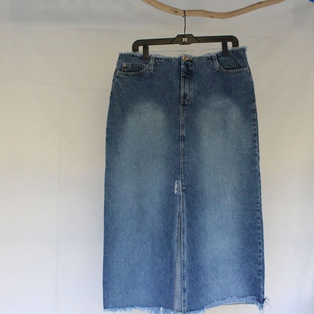 Rave R4R Jeans Blue Denim Maxi Long Skirt Front Split Size 15 Fringe Raw Waist
